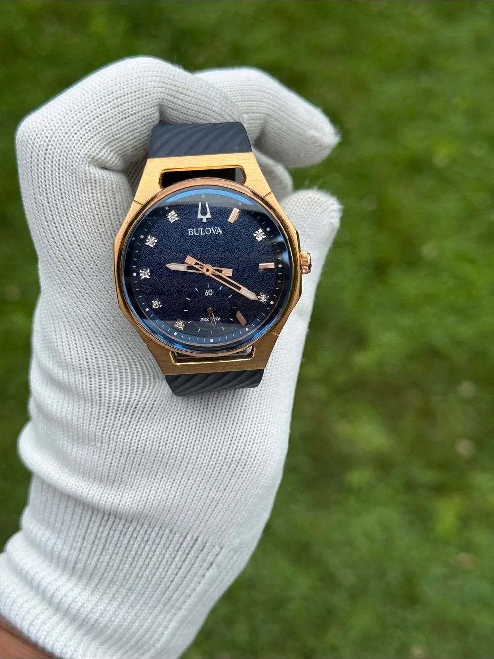 Bulova CURV Marc Anthony Diamond Blue Dial Blue Rubber Strap Watch 40.6mm unisex